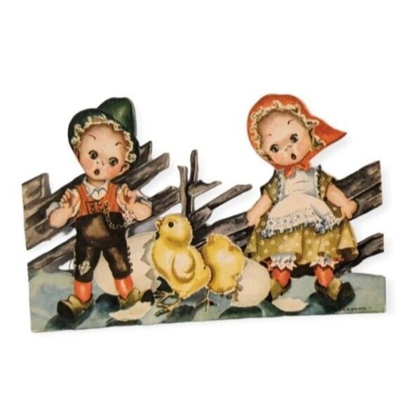 Norway Die Cut Fold Out Table Decor Kids Chicken Paper Dolls Baby Easter Elf Vtg - Picture 1 of 16